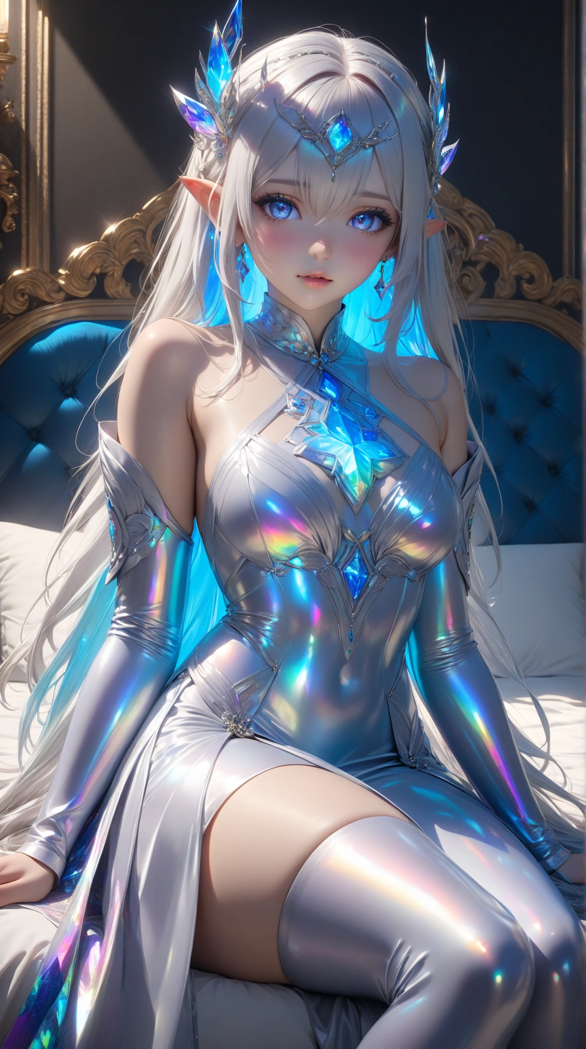 {-erro_de_anatomia:1.0} There is a white unicorn girl, blue mane and long mane, white unicorn, unicorn, unicorn horns, A unicorn, celestia, Nine stories, blue unicorn, soft dreamy, cinematic light《fangs》Unicorn in, mythological creatures, a mythical creature, Pokémon illustration, unicorns, a glaceon princess, white dress, opal eyes. Auroracore, ghostly iridescent, image good for rendering, laying in the bed, unicorn girl, full body.