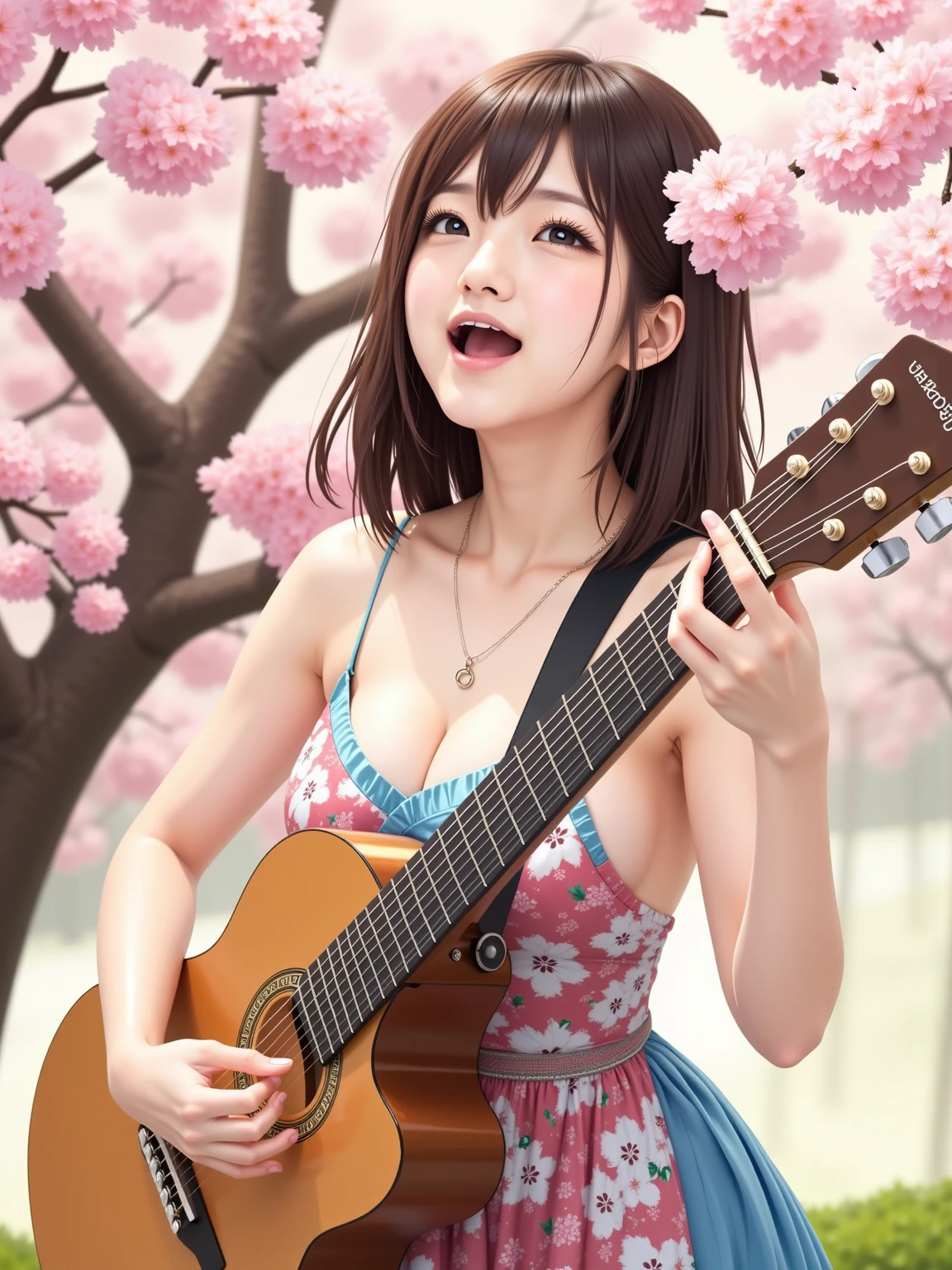 Self-composed anthropomorphism, ((Beautiful Girl)), “Cherry Blossom Falling Season”, “Drunkin’ saku”, playing guitar, shouting, high resolution, high quality,bikini,expose breast,incredibly absurdres, ultra detailed, high resolution, realistic lighting, photorealism, hyperrealism,masterpiece,vibrant colors,stunning visuals,ultra skin texsture,stable diffusion,perfect anatomy,crazy details