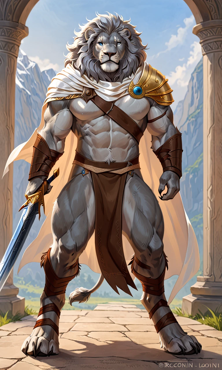 a thin muscular white lion, elegant white mane, blue eyes, wearing elegant armor that does not cover muscles, chest and six pack, holding a large legendary sword stabbed into the ground, wearing a very ugly loincloth, standing in front of an elegant and powerful castle in the afternoon, (that does not cover all your muscles, chest and six pack without any accessories),(bathed in sweat all over his muscular body)
