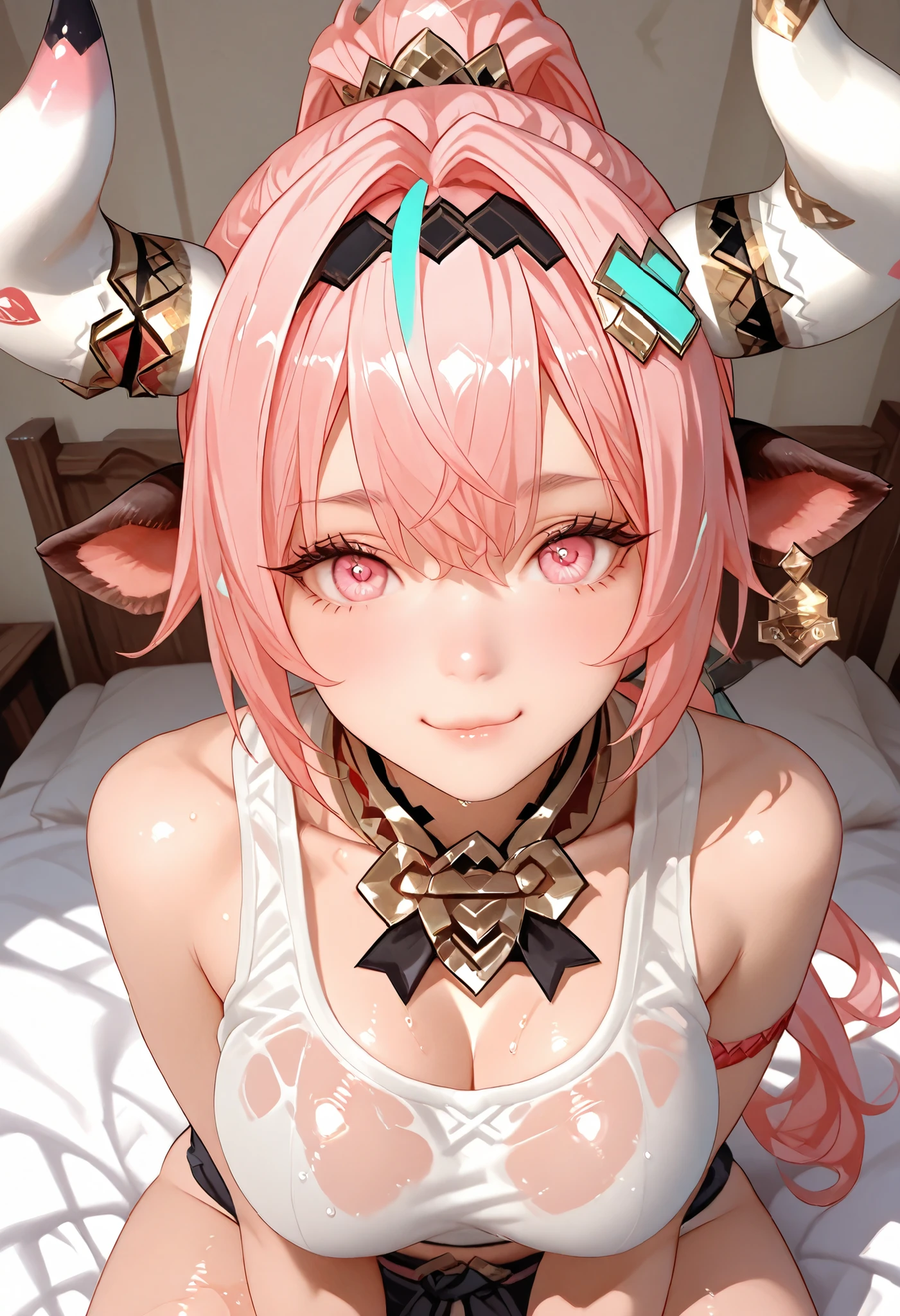 ultra detailed realistic busty varesa half body, pink hair, pink eyes, white tanktop wet, background, ray tracing, ponytail hair, sitting on the bed, cute face, has cow horn and ear accessories on head, cute pose sexy