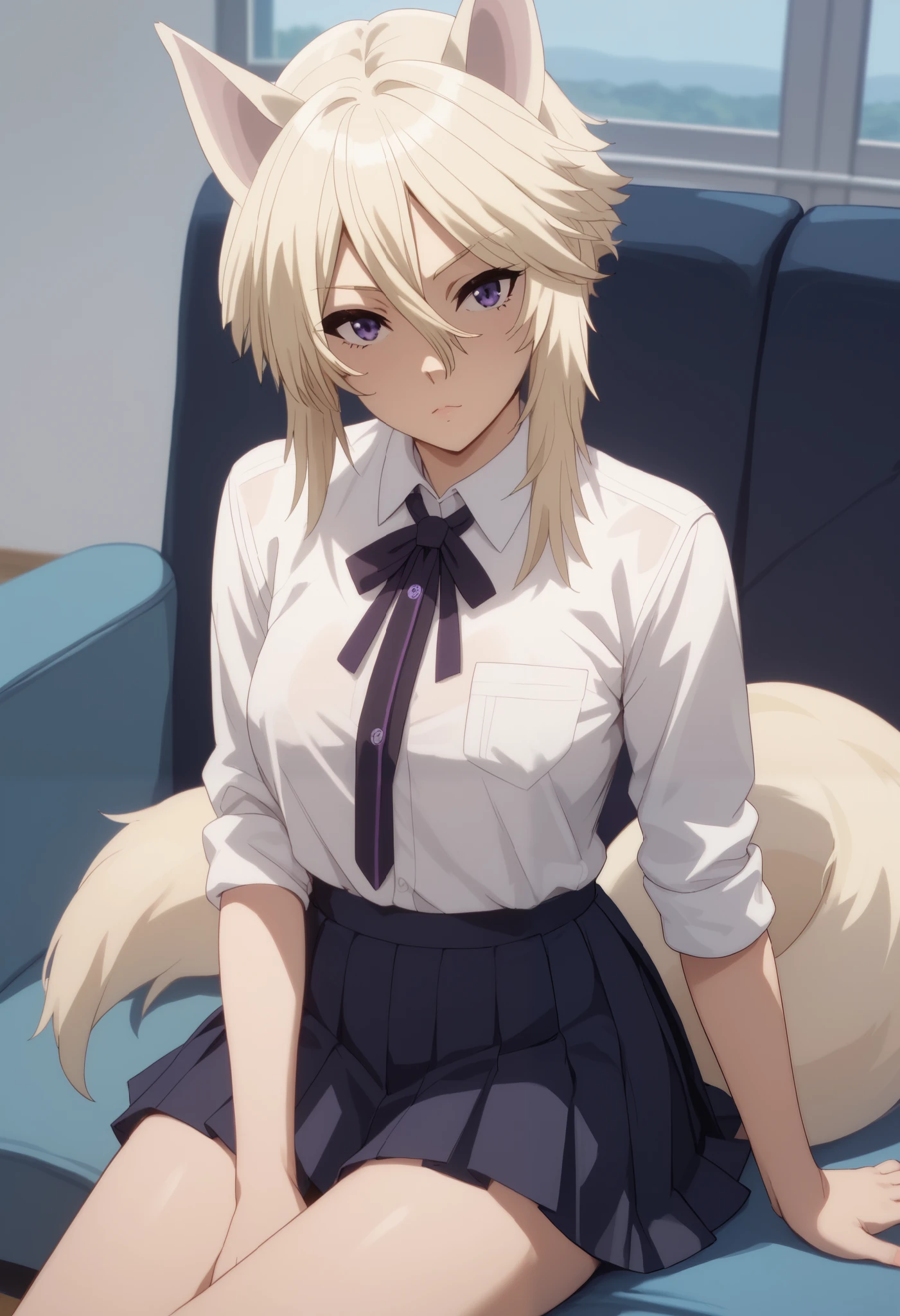 zeta, animal ears, blonde hair, purple eyes, tail,fleckless shirt,clavage,pleated skirt,stokings,sitting.looking at viewer