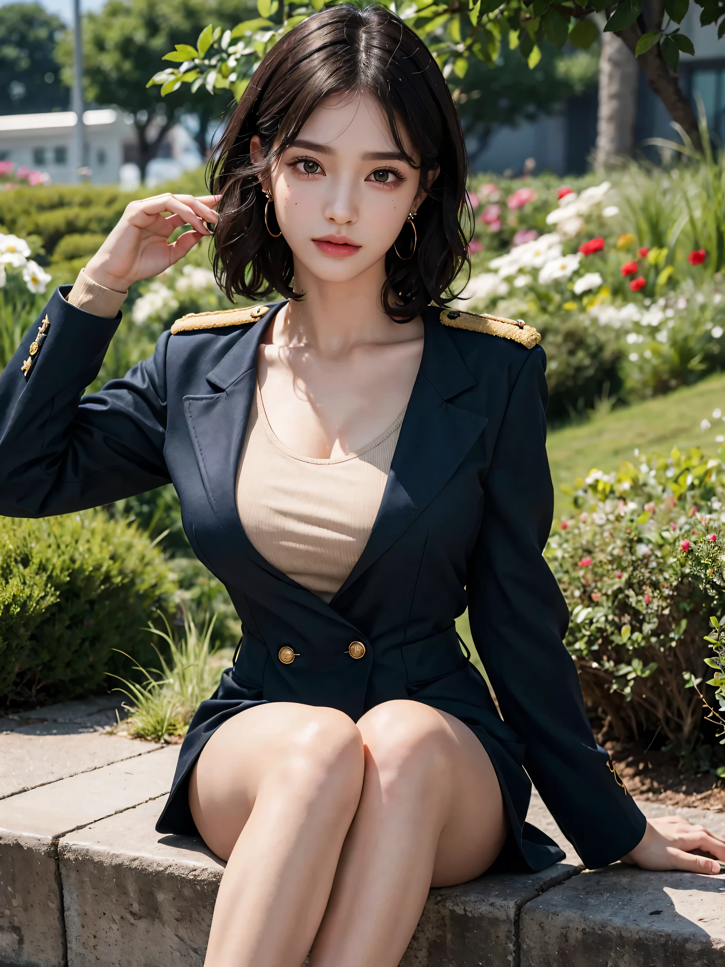 Very detailed CG unity 8K wallpaper，（tmasterpiece），（best qualtiy），（ultra - detailed），（Ultra photo realsisim），（best character detail：1.36），Nikon D750 f / 1.4 55mm，profesional lighting， physically-based renderingt, 1girll, Female soldier，army suit，Green military uniform，Fabric texture military uniform，Pure white lining，Dark green tie，Army green skirt，military hat，Black hair，the golden ratio,[:(com rosto detalhado:1.2):0.2]:,PureErosFace_V1, broad shoulder,(Bigchest:1.5),(big assa:1.5)，Wide buttock ，Bare legged，Plump legs，Move the center of gravity back，Squat on the grass，whitestocking，Small black leather shoes，hands lying on thighs，Soaked with sweat，red flags，At the cafe，Night Street，bright sun，Look at the audience from the front，Bright smile，White teeth，lighting，Contre-Jour，