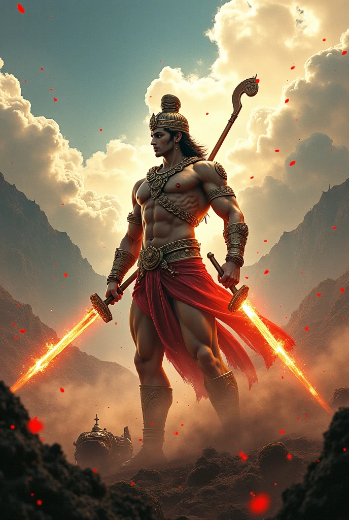 In cinematic 3d cartoon style "Conclude with a powerful scene of Ravana’s defeat. Rama could be shown victorious, with the chariot in the background, emphasizing the end of the mysterious threat.