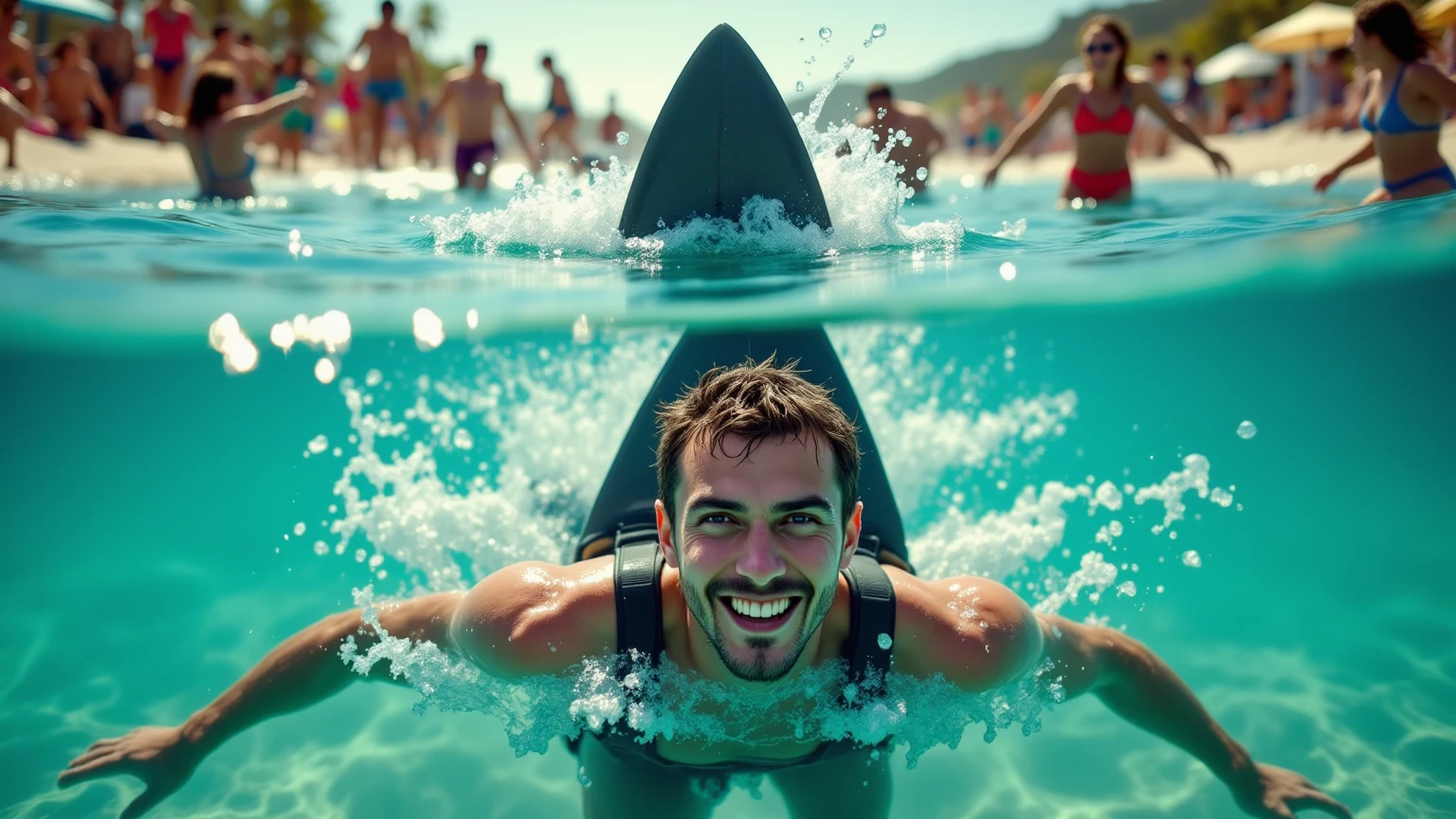 A man surfing on the beach smiling and sticking his tongue out 