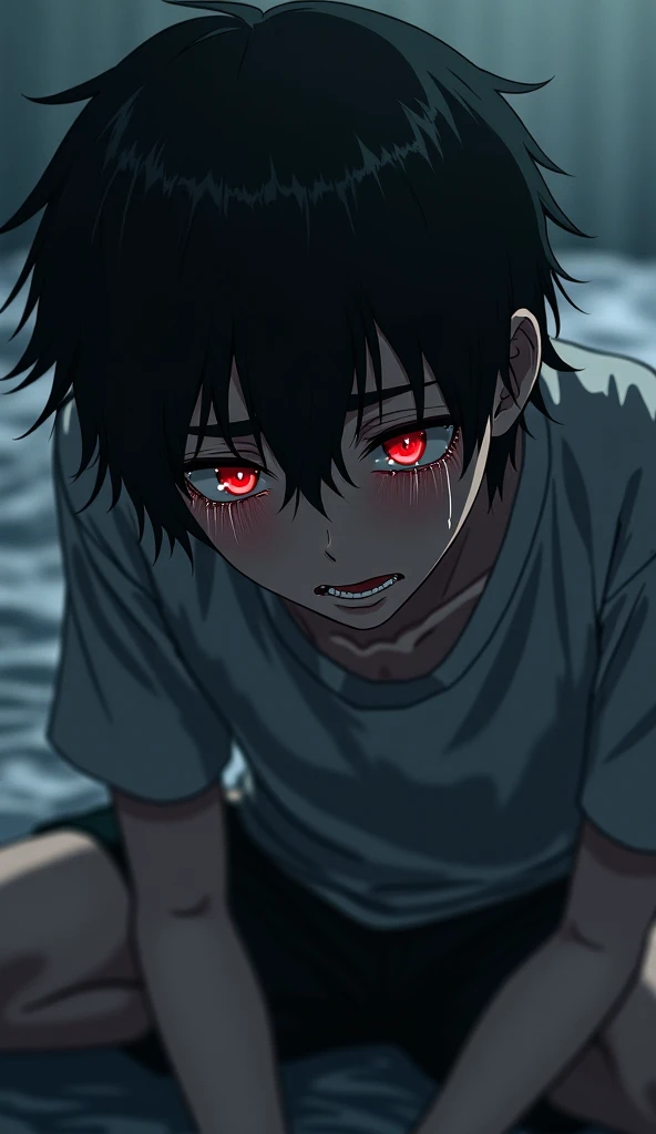 uzumaki, 1boy, Male focus, Masterpiece, Best quality, (Portrait, Close-up), looking at viewert, shadows and light, Blurred foreground, konohagakure symbol, Indoors, water dripping, Red eyes, Black sclera, on the bed, Cold, bloodthirsty smile,