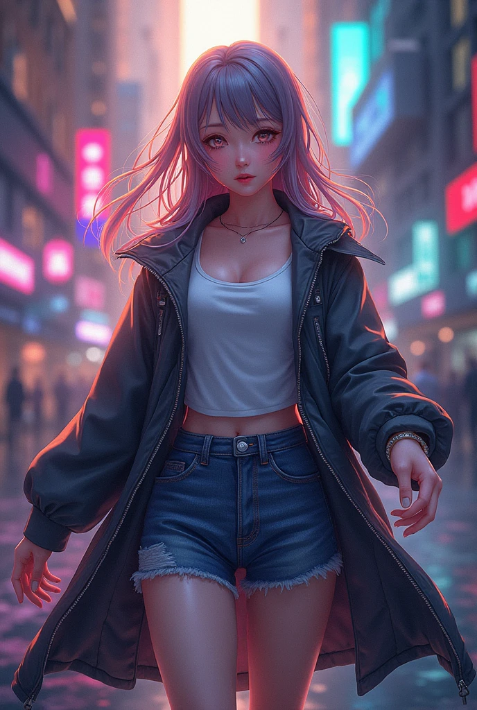(((masterpiece)))、(((top-quality)))、((ultraclear))、(HD CG illustration)、((Extremely Delicately Beautiful))、The future city、jogging、girl running、电影灯光、独奏、FULL-BODY ESBIAN、Digital City、2040s、and soul、rainbow hair、Popular topics on artstationh、Rachel Walker、
