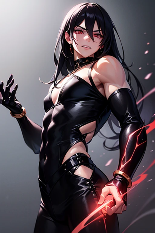 ((((1 girl)))), black hair, yellow eyes, very long hair, ((((muscular)))), tall, pale skin, perky breasts