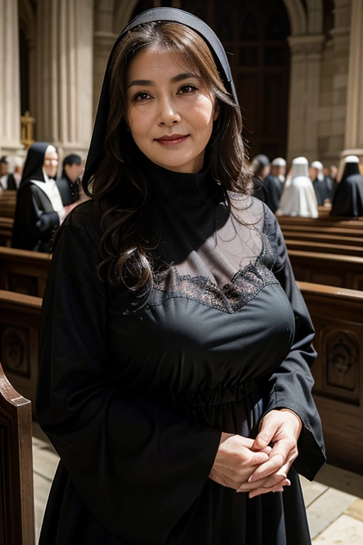 (masterpiece:1.4), (60-year-old woman:1.5), (Facial wrinkles : 1.2), Nasolabial folds, (smirking : 1.3), (seductive : 1.2),(sexy :1.15), (captivating eyes :1), pores, dull skin, skin blemishes, motherly mature woman, (long beautiful hair), enormous saggy breasts, (focus on breasts : 1), plump body, (dressed as a catholic nun), (black clothes), (see-through dress : 1), lace fabric, detailed backgrounds, (old church), (dim atmosphere), gloomy, rosary, cross, dark lighting