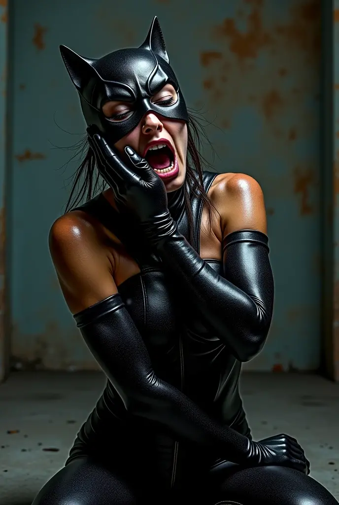 (8k, best quality, photorealistic, realisti, ​masterpiece), Catwoman, sexly, Nice, hot, horrified, gasping for air, screaming, is strangled by a hand, strangle, choke, Catwomans Hals, Niceer Hals, Catwomans Long Neck, Choking, while she sits tied up on the floor in a basement. 