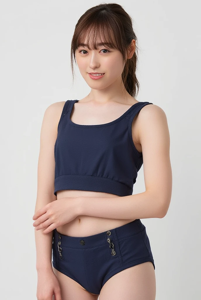 (Cute girl:1.5、smile)、Short Hair、Very small ass:1.4、Very thin thighs、Rear View、School Swimsuit、T-Shirts、In the schoolyard、summer