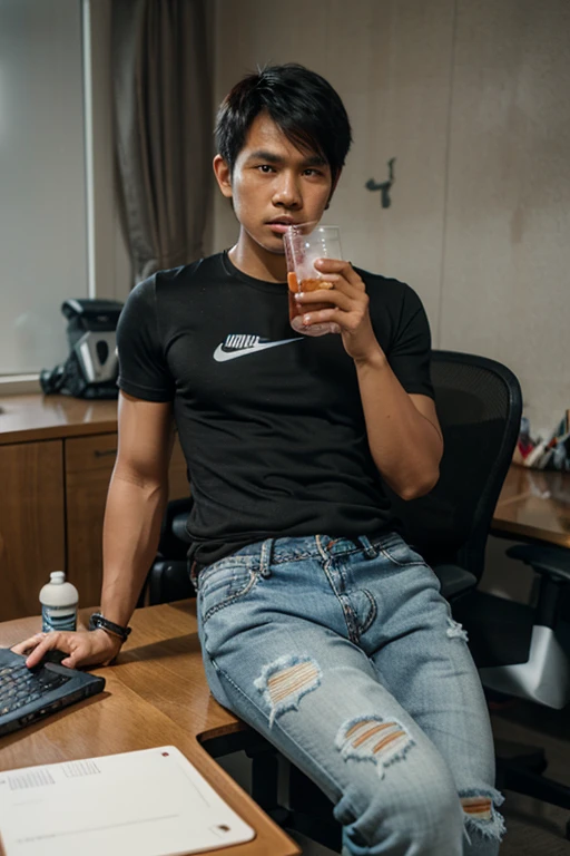 Malay man sitting on couch watching something while drinking, proud face, smile