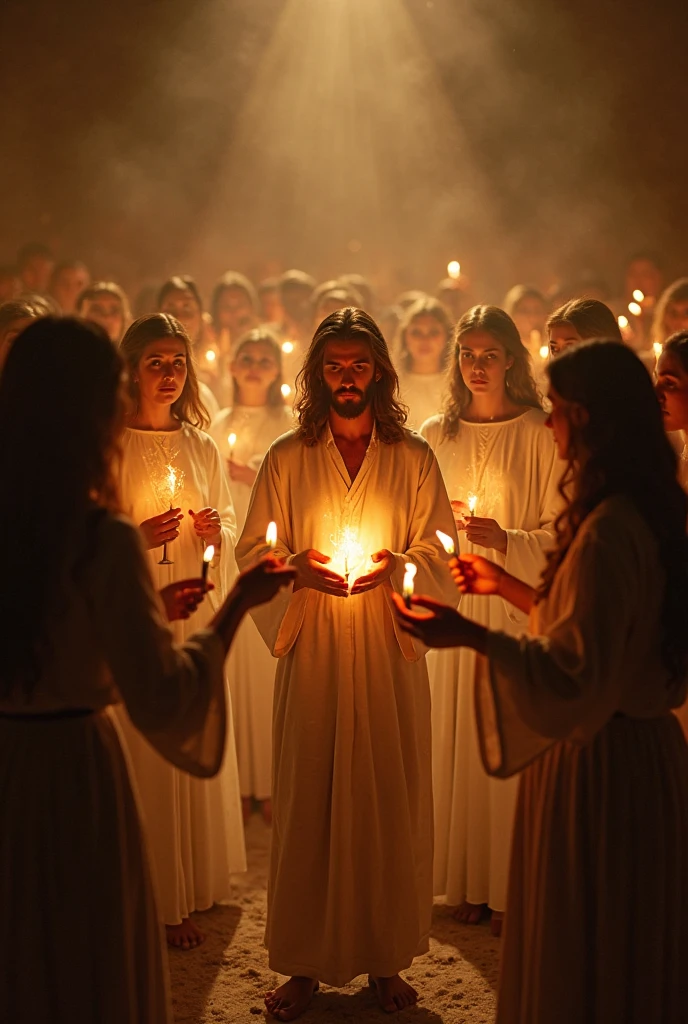 10 virgins holding lamp and a man