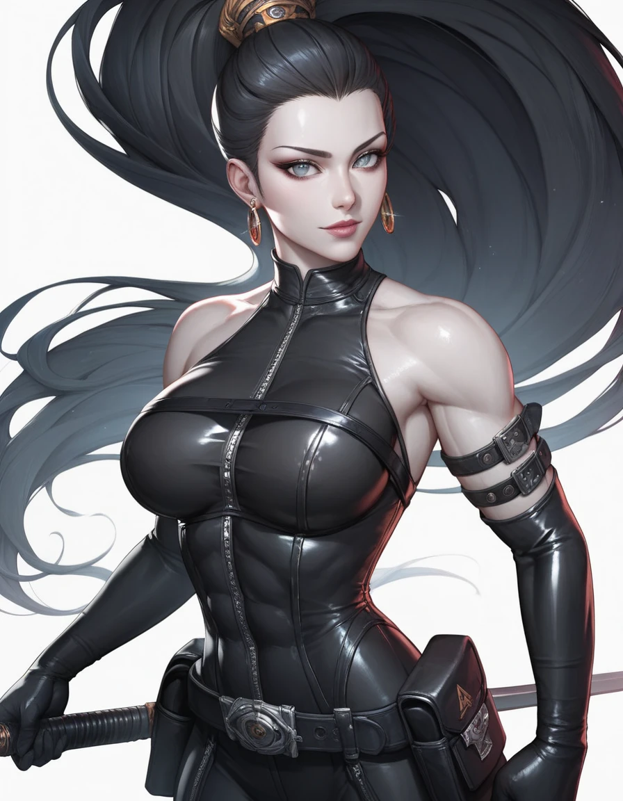 1 woman, beautiful girl, long black hair, shiny, red eyes, looking at the viewer, full body framed, ninja, ninja woman, sensual ninja, dangerous ninja, very realistic light skin, wearing ninja outfit, pants, with black metal parts with sparkle, sword in hand, night, in the shadows, sneaking