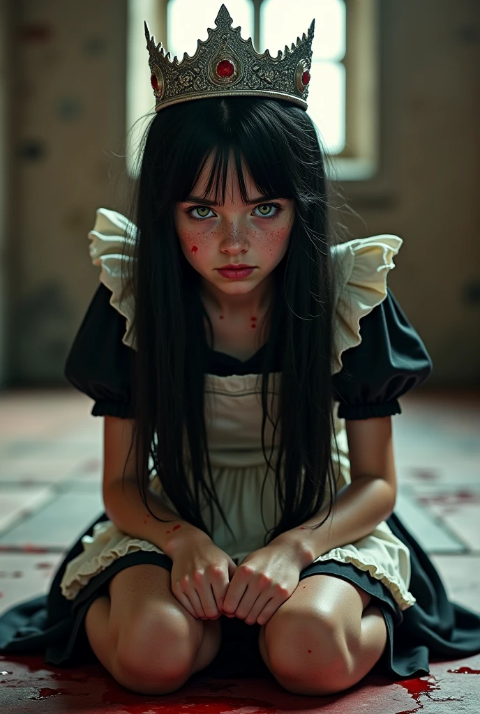 11 year old daughter of severus snape, bloodmagic, fantasy, magical energy, blood, blood stain, blood on clothes, (blood on ground:1.3), (8k, masterpiece, best quality, high resolution), black hair, long hair,cute face, kawaii, cute, green eyes, Aesthetic european Eyes, small face, (cowboy shot), 1girl, solo,
