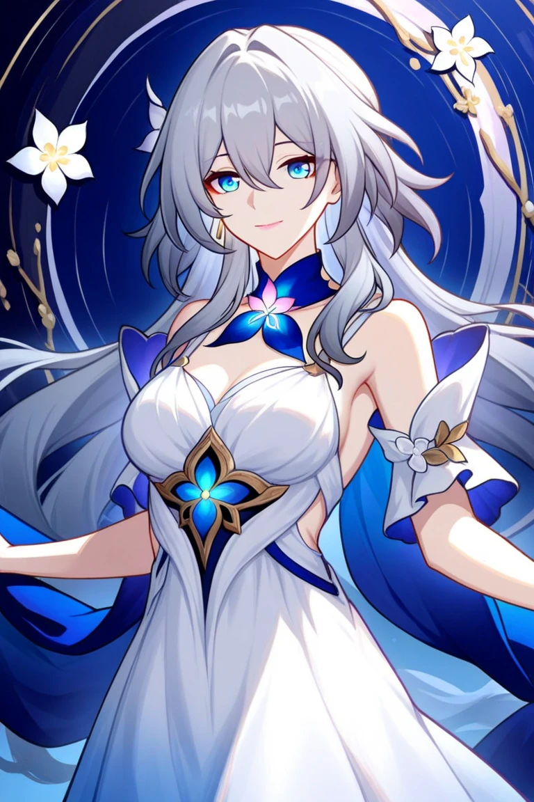 (((masterpiece: 1.2, best quality))), 1 female, ((long white hair)), blue eyes (Gorgeous: 1.4), White Chinese style dress,blue shawl, Gold embroidery,Gold exquisite hair accessories,fantasy, elegant, royalties, Fantastic light and shadow, extremely detailed face, Gentle smile,white flowers,starry sky,close up,big breasts,thin and tall,dark background,Solemn,goddess