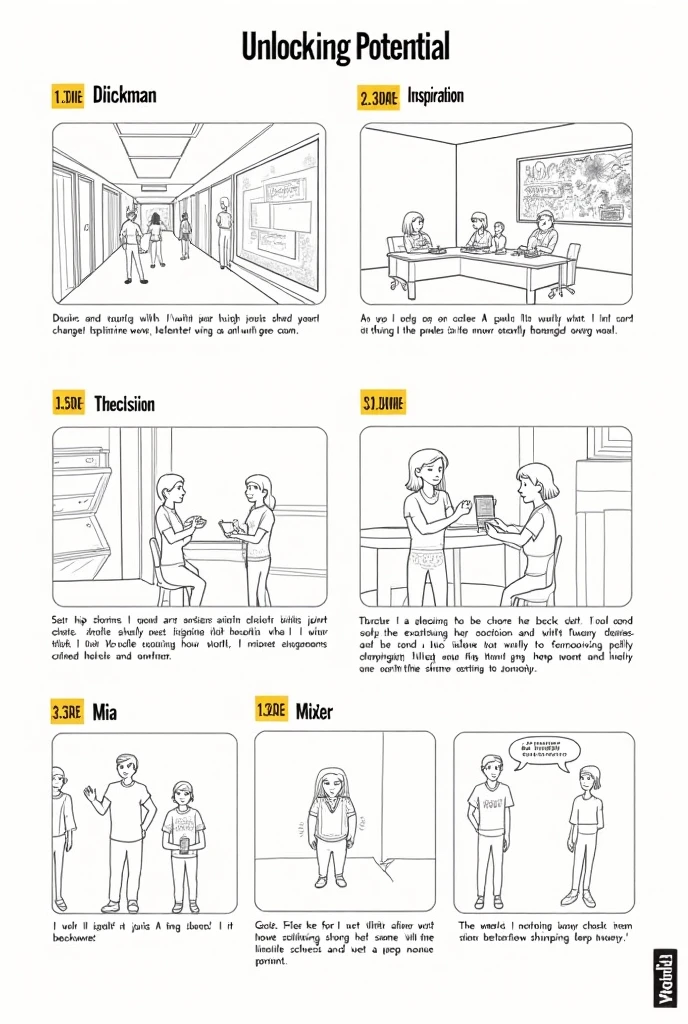 Storyboard: "Unlocking Potential"

Scene 1: The Dilemma
Setting: A high school hallway, students are chatting and laughing, but one student, Mia, sits alone at a table, looking at her sketchbook.
Visuals: Close-up of Mia’s sketches, which are impressive but hidden away. Other students pass by, oblivious to her talent.
Dialogue: Mia (thinking): "I wish I could share my art, but what if they don’t like it?"
Action: Mia sighs and closes her sketchbook, feeling discouraged.

Scene 2: The Inspiration
Setting: An art exhibition in the community center, vibrant artwork displayed everywhere.
Visuals: Mia walks through the exhibition, eyes wide with admiration. She stops at a piece by a young artist who shares their story of struggle and success.
Dialogue: Artist: "I started just like you, afraid to show my work. But sharing it changed everything!"
Action: Mia’s expression shifts from doubt to inspiration as she listens intently.

Scene 3: The Decision
Setting: Mia’s bedroom, filled with art supplies and her sketchbook open on the desk.
Visuals: Mia sits at her desk, contemplating her next move. She picks up her phone and scrolls through social media, looking at art communities.
Dialogue: Mia (determined): "I can do this. I’ll start sharing my art online!"
Action: She takes a deep breath, smiles, and begins to upload her sketches to an art platform.

Scene 4: The Challenge
Setting: A few weeks later, Mia’s art page has gained some followers, but she receives mixed feedback.
Visuals: Mia reads comments, some encouraging, others critical. She looks disheartened but also contemplative.
Dialogue: Mia (to herself): "Not everyone will love my work, but that’s okay. I need to keep improving."
Action: She opens her sketchbook and starts practicing new techniques, motivated to grow.

Scene 5: The Celebration
Setting: A school art showcase, Mia stands proudly next to her artwork displayed on the wall.
Visuals: Students and teachers admire her pieces, and some approach her to compliment her work.
Dialogue: Classmate: "Wow, Mia! Your art is amazing! How did you get so good?"
Action: Mia smiles, feeling confident and proud, and replies, "I just kept practicing and sharing my journey!"
Text Overlay: "Believe in yourself. Share your passion. Keep improving."
