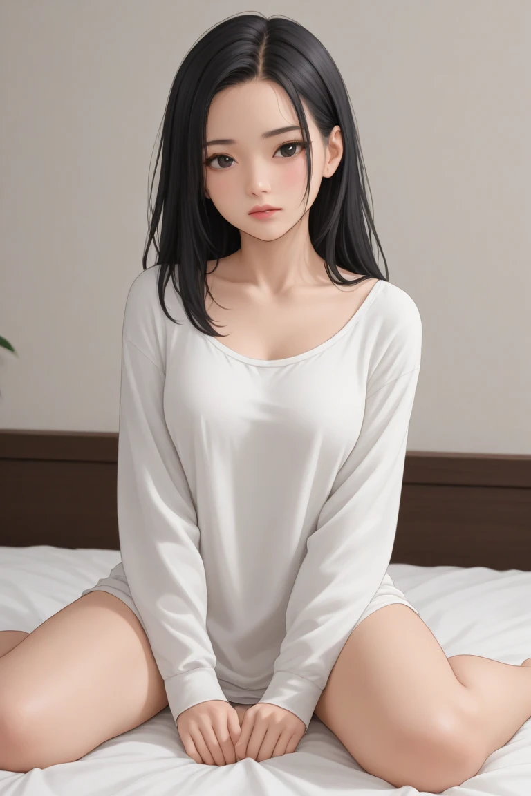 Girl fingering her  long dark hair photo