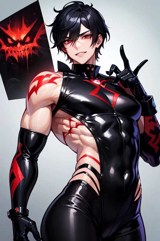 Young guy, short white hair, purple eyes, cat ears, superhero uniform, open torso, pants, scars, tattoos, masterpiece, high quality