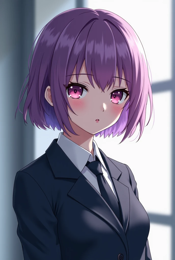 Mashkirelesh Kirele, eye glass, hair between eye, hair covering one eye, (a purple eye:1.1), with pink hair, Short hair details,
off and on hood, The shirt, collared The shirt, white collar, black The shirt, tics, red tics, 
off and on looking at viewer,
off and on indoors, ‎Classroom,
off and on (tmasterpiece:1.2), Best quality, A high resolution, Unity8k wallpaper, (illuminations:0.8), (beautidful eyes:1.6), Extremely detailed face, perfect litthing, extremely detremely detailed CG, (Perfect hands, perfect anatomia),