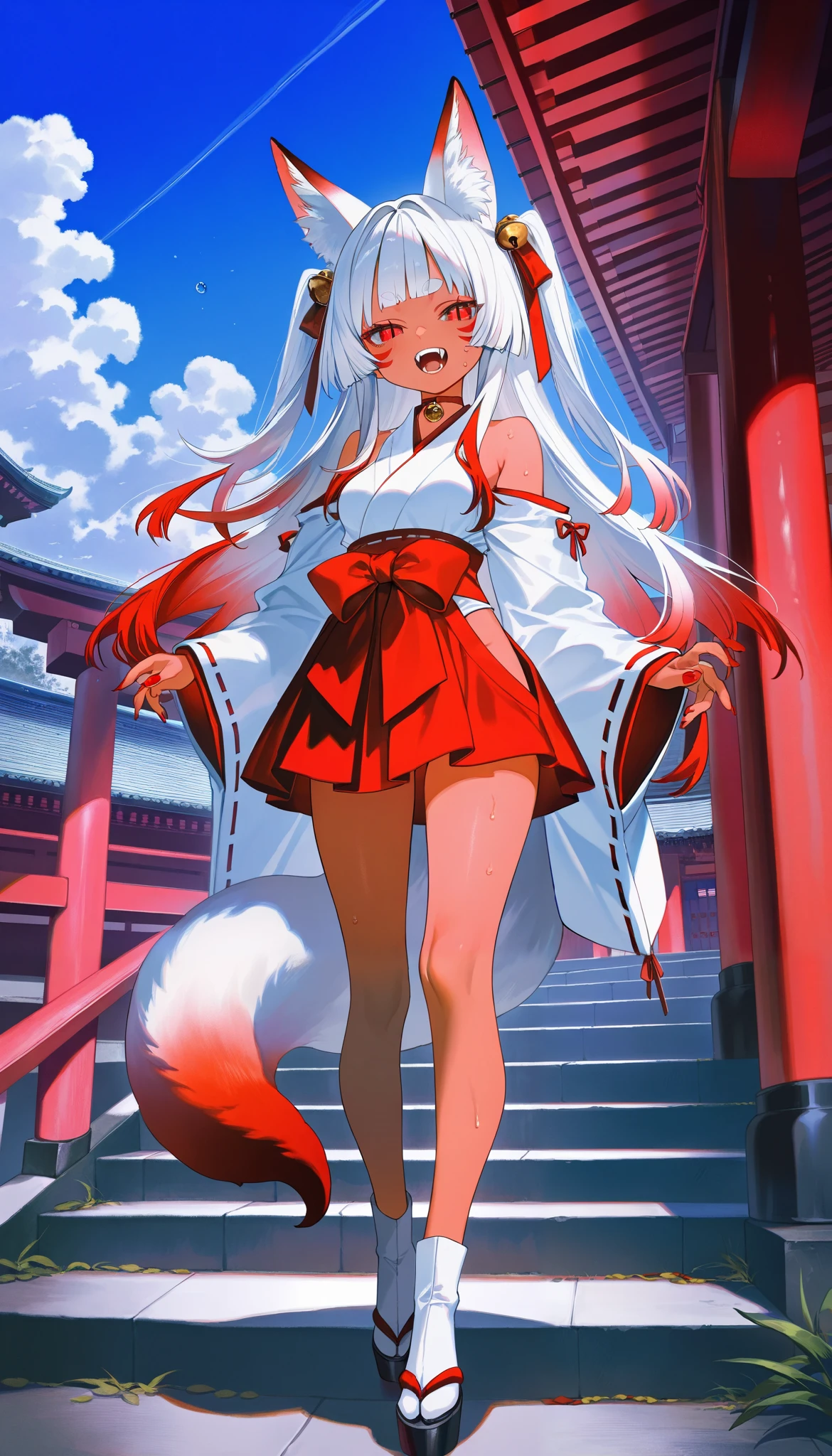 Make a full body character with 2D graphics based on current anime 4k-8k The character is 22 years old. Mature body with big breasts and curves. Eyes red, white cat ears, long white hair down to the ankles. Cat's furry tail. The outfit is a mix of traditional Japanese kimono, Qipao chines stylized in a cyberpunk way. The colors of the clothes are predominantly white with details of blood red and gold.. With sock 3/4 black and white, sandalhas ninja estilo cyberpunk.