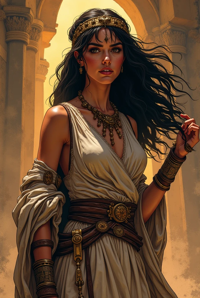1 woman, Latina woman, 25 years old, wavy brown hair, olive skin, smaller head, brown eyes, toned body, medium breasts, detailed long robe with hoods, intricate necklace, masterpiece, ultra HD, realistic masterpiece, blurred background, oasis on the desert, elegant poses, perfect hands, perfect face, perfect details, sharp focus