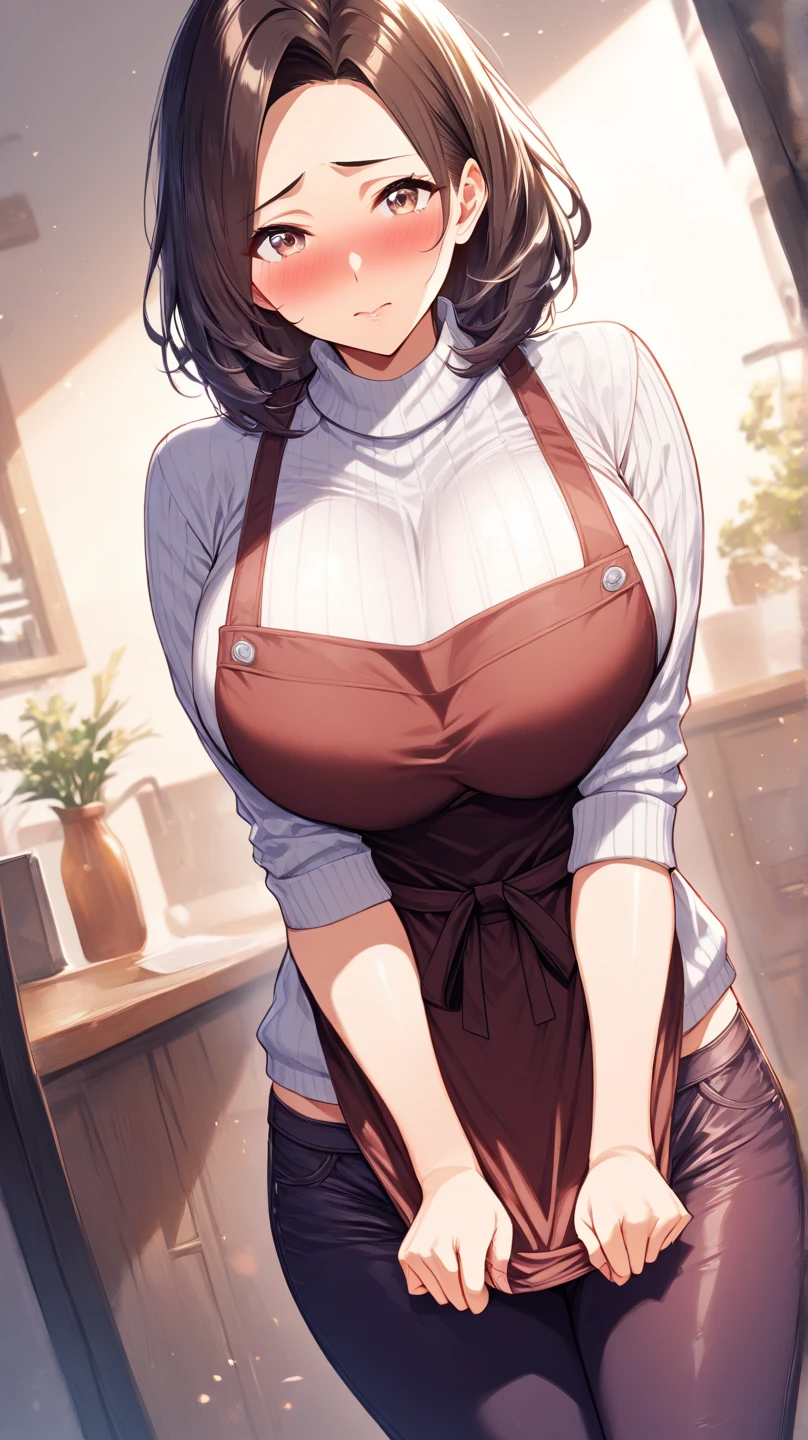 high qualiy,best qualityer,work of art,(((housewife))),2,youthful face,milf,short black bob hair, bangss,perfectly detailed black eyes,breasts big,big-ass,curved,wearing black blouses,Long Jeans,