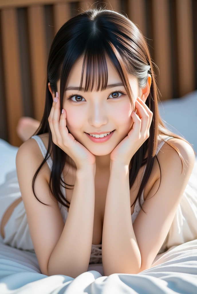 Lying down、Delicate your body、smile、Bright sun、White single room、（real， High resolution：1.3）， One girl with a perfect body， Very beautiful face and eyes、Black Hair， Naked：1.2， Big Breasts，tits、Upper body naked、The eyes are human-like、Massage the breasts、Shortcuts、Long Hair