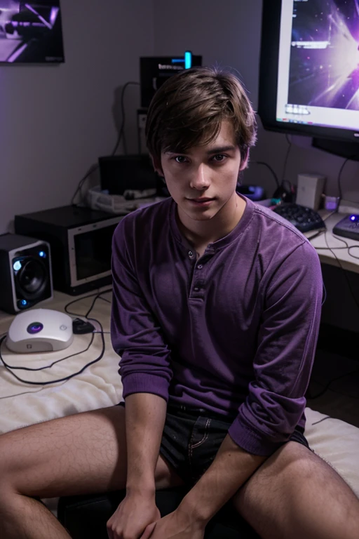 It generates a very handsome young boy with perfect features, with glasses, freckles and a nice smile, he has a muscular body, he has gamer headphones on and he is sitting in a gamer chair, he is completely naked and somewhat sweaty, he has hair on his body, He has a video game console controller in the middle of his legs holding it with his hands, you can see in the background a room with blue LED lights, a screen and video games, his penis is large and very visible.