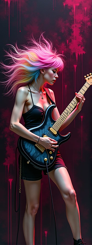 A mesmerizing dark fantasy painting captures the essence of a young woman with multicolored hair – pink, blue, and yellow – wearing black shorts and jeans. Passionately playing an electric guitar that radiates vibrant red light, she embodies the spirit of an artistic, powerful, and enchantingly dark musical moment. The intricate guitar design adds to the intense atmosphere of the scene. The background is filled with energetic bursts of pink color, combined with abstract paint splatters and shapes, evoking a sense of chaotic yet captivating power. This vivid and dynamic artwork is a testament to the power of creativity and self-expression in dark fantasy art painting, dark fantasy, vibrant