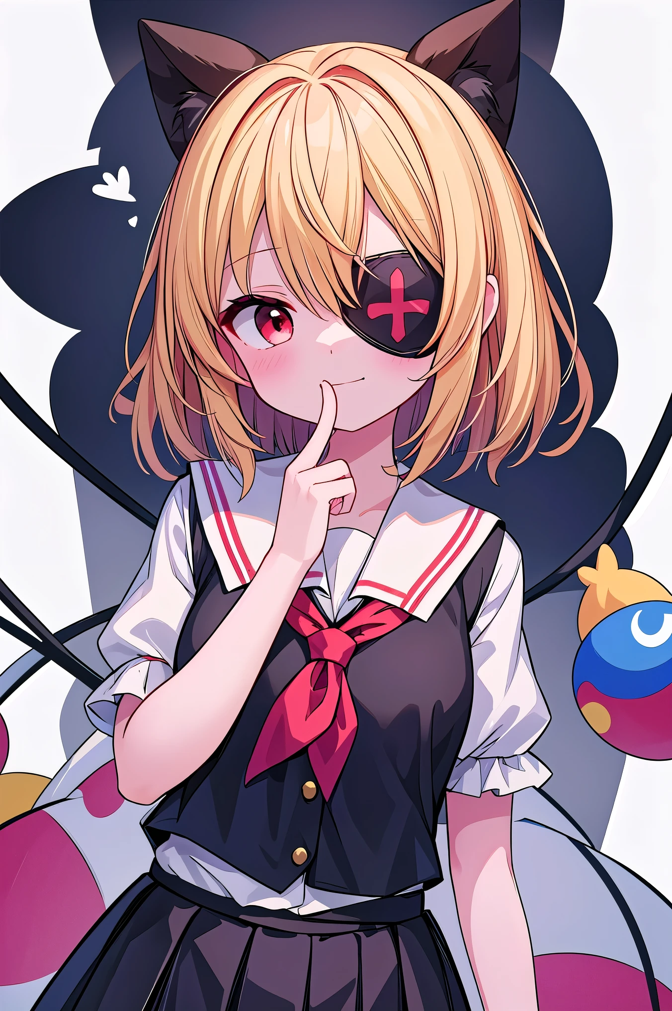 詳細なbackground, masterpiece, best quality, Emoji豊か、upper body、1Alone、1By people、1people only、only girl、Flanders Scarlett, , third-tailed yellow hair 、red eyes、 Gold、Short Hair、short hair、about the age of a female college student、Touhou Project、Costume(brown school uniform)、brown school uniformを着ている、 Emoji(yandere)、no eye highlights、I'm having a quiet conversation、Put your hand to your mouth and speak、 black eyepatch 、I have an eyepatch on my right eye、background(Closing)、Closingで見てる、