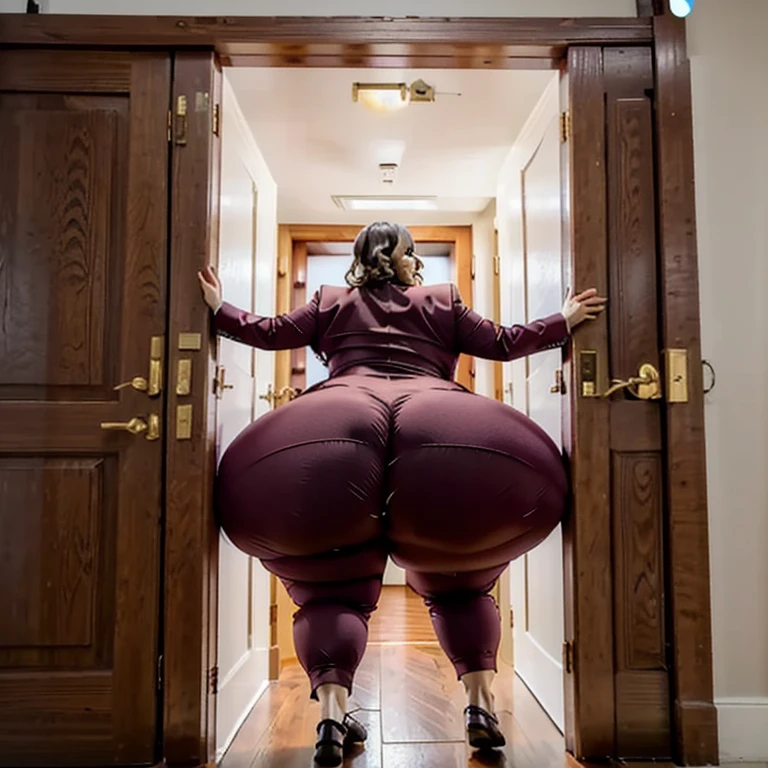 masterpiece, 1girl tall, fat, bottom heavy ssbbw british, 30 year old, behind a doorway, from behind, (doorstuck, stuckbehind:1.3), big belly, huge hips, big butt thick thighs, colorful clothing, wearing a red suit and tie and formal pants, upset, she tries to wiggle her big body through the door, but the door is too small and she is stuck tight, she kicks and swings her legs back and forth in a panic, she is way too big and round to fit through, she is being pulled by a female co worker at the office