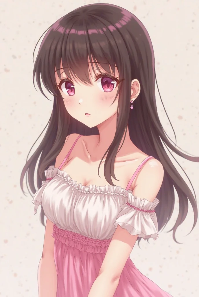 anime style long brown hair girl with pink korean bangs, right eye brown, pink left eye, pink lips with pink cheerleader dress , big breasts.