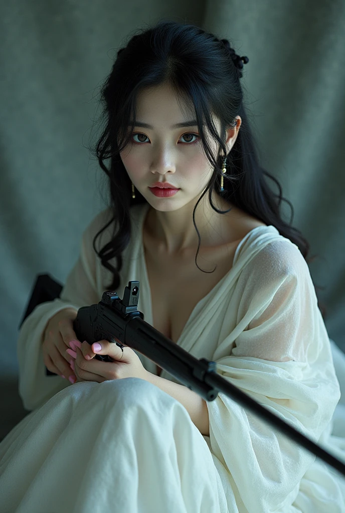 (highest image quality), (masterpiece), (vibrant, photography realistic, Realistic, Dramatic, dark, Sharp focus, 32K), beautiful, Highly detailed face and skin texture, sexy wedding dress, ethereal beauty, mature asian woman,black long hair, make up, nsfw ,Close up shot, ((backlight)), holding the gun, Secret Agent, sniper agent, small breast,all see through dress,beautiful girl,(Are thin),(Flat Chest),(Small waist),(A slim build),