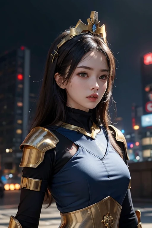 Virtual image,Realistic 8K images,Masterpiece,Complete Anatomy,Sharp details,Highest quality,Girl with long hair, flowing brown hair,have beautiful breasts.,big breasts,robot cyborg robot,_metallic blue,A smile corners his mouth.., Look at me...,The background is a deserted city...