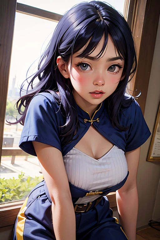masterpiece, best quality, ultra-detailed, illustration, epic lighting, cinematic composition, isometric, 1girl, (solo:1.5), cute, blue eyes, green eyes, detailed iris, black hair, swept bangs, single sidelock, red hairclip, unbuttoned white shirt, choker, loose black necktie, black pants, formal, enchanting gaze, captivating pose, indoors, office, door, opening door, looking at viewer, peeking out upper body, blush, seductive smile, closed mouth,(8k:1.1), (ahegao:1.5)