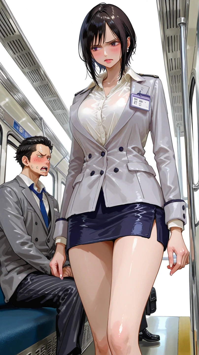 Five fingers、ArtStyle_OnePiece_MangaColored _ownwaifu、usnr、onepiecestyle、(onepiecestyle:1.2)、alone、girl、超details、pastelアート、(has a pure white background:1.4)、details、detail eyes、pastel、 beauty、Big Breasts、(full body:1.2)、upright、 standing、embarrassed expression、realistic、black hair、white blouse、Grey Jacket、navy blue miniskirt、businesswoman victimized by molestation、Glutinous Flesh、In a crowded train、rapes、low angle