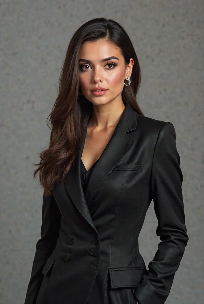 A portrait of a Burnette woman standing in a runway modeling a suit