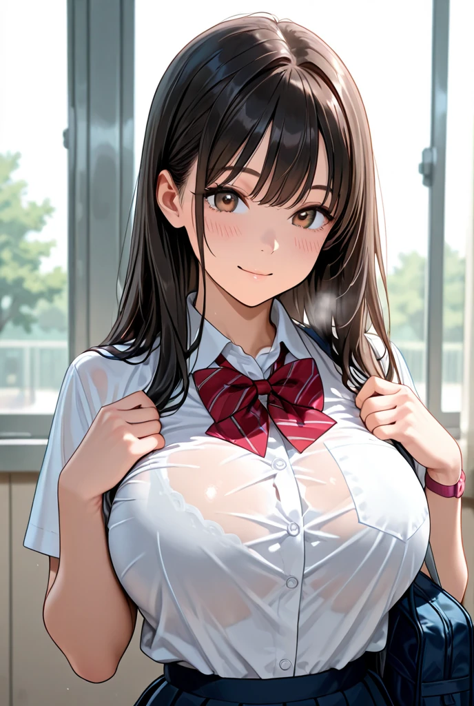 highest quality、high school girl、((droopy eyes))、light brown hair、expensiveボリュームのあるポニーテール、grated bangs、clothed big breasts、(broad shoulders)、short sleeve shirt、high school summer clothes、(((pink nails)))、expensive、elegance、smile、glossy lips、earrings、skirt