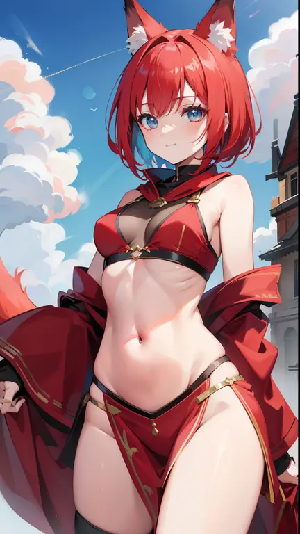 masutepiece, High quality, Hosho Bikini, hight resolution, absurderes, Ultra-detailed, Detailed eyes, 8K, Thienbu_Kobo Kanael, 1girl in, Colorful eyes, tusk, Open mouth, Bangs, Colorful background, Looking at Viewer, Vibrant, Contrasty, Red hair, Red hair, Gradient Hair, Happy, Graffiti wall background, Water splash, close up, Red right color eyes, Yellow left color eyes,