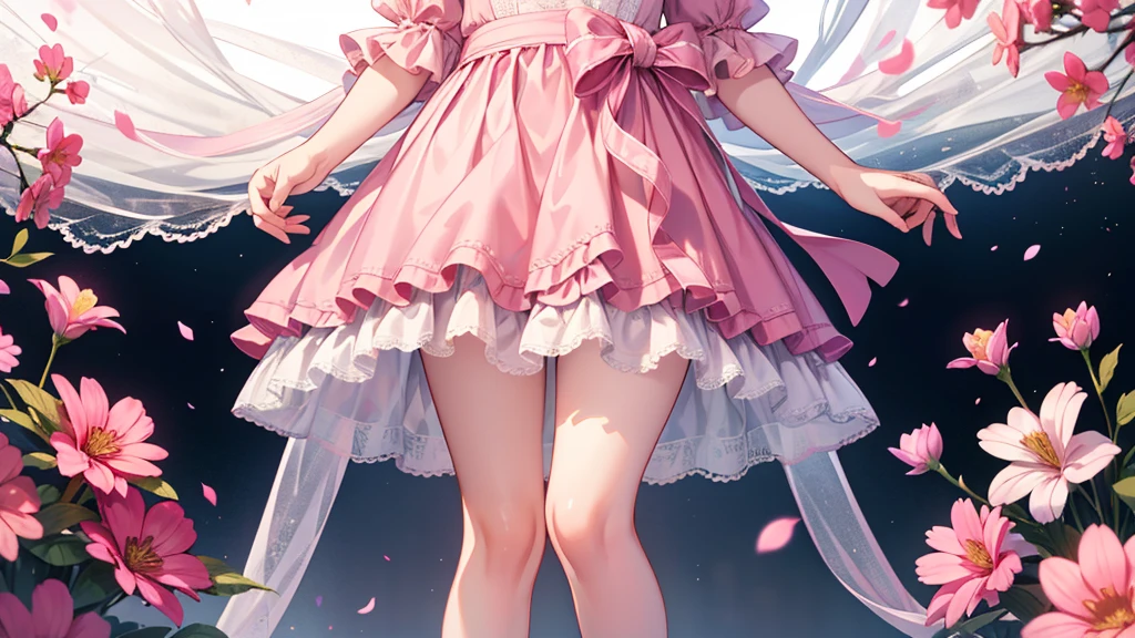 1girl, pink ponytail, half body, thighs socks, messy curly hair, multiple poses, detailed facial features, beautiful eyes, beautiful lips, delicate features, cinematic lighting, dramatic angles, ethereal, pastel colors, dreamlike, soft focus, digital art, masterpiece, cloudy weather, heterochromia, fluffy, standing