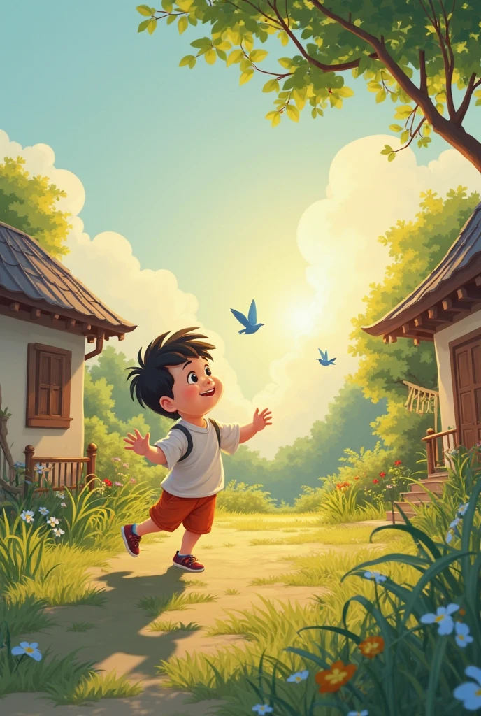 A small picturesque village in the country side.A young boy wearing clothes,is playing joyfully outside his home with a backdrop of a green forest and a few village houses.