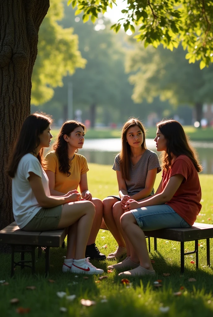 Create a highly realistic close-up scene set in a picturesque park in Italy, featuring a 13-year-old Italian teenage girl explaining a lesson to four younger girls on a park bench.

 The 13-year-old girl stands confidently next to a wooden bench in the park, wearing a stylish outfit: a T-shirt tied at the waist showing her midriff and colorful shorts. She has shoulder-length brown hair tied in a ponytail and her expression is focused and engaging as she gestures with her hands, explaining the lesson.
 Sitting on the bench are four younger girls, aged between 7 and 9, who listen attentively to the older one. They wear casual summer clothes, with colorful T-shirts and shorts, and their expressions range from curious to excited. Some have notebooks or small tablets on their laps, taking notes or following the lesson.
 The park setting is lush and inviting, with tall trees providing shade and a backdrop of well-tended gardens and walking paths. The sun filters through the leaves, casting a dappled light on the scene, and a light breeze rustles the leaves, helping to create a serene atmosphere.
 In the background, other park visitors can be seen walking, jogging or sitting on other benches, enjoying the good weather. A nearby fountain adds the soft, soothing sound of flowing water to the ambience.

This scene captures the essence of a peaceful, educational moment in a beautiful Italian park, with the teenager confidently leading the lesson and the younger girls participating enthusiastically. The detailed environment and engaging interaction between the girls create a realistic and heartwarming image, highlighting the joy of learning in a serene outdoor environment