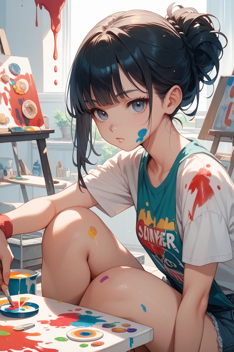 anime girl, bikini, short hair, crouching down, painting the floor