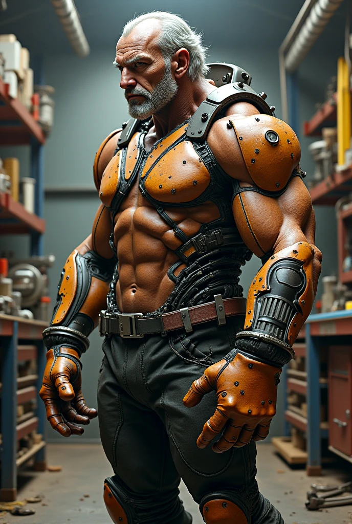 , handsome muscular shirtless bald bearded man laughing , hairy armpits, hands above head in a pillory with a padlock and holding a key, armpit tickling by mechanical hands, rib tickling, navel tickling, a timer above him, science laboratory background 