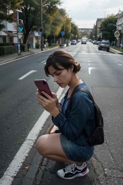 (smaug drahthaar), woman in pink dress squatting down on a brick sidewalk taking a picture, checking her cell phone, a photorealistic shot
