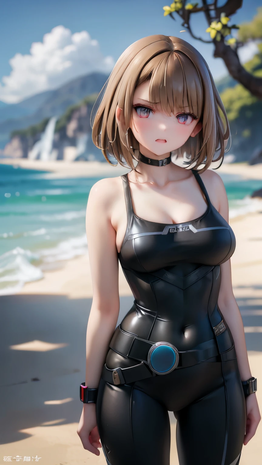 masterpiece,  best quality,     1 girl,    beautiful face   、 Aggressive Eyes    ,((expressions of anger))、  1 medium short hair 、  very light brown hair 、  shirtless、Gunpan 、  medium big breasts 、outward chest 、  Breasts defeated by gravity 、  Standing、 Ruin photo  