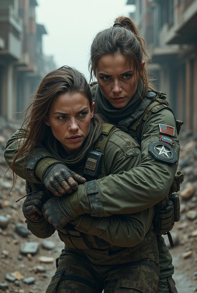 group of female soldiers, war photography, (cinematic lighting:1.1), highest quality, photo of (group of fully dressed really tanned 20yo sexy muscular female army special forces with taut clothing military top, ponytail hair, running holding a rifle), (bouncing breasts, motion lines, motion blur), too tight military shirt, medium_boltedontits, perfectly round breasts, breast implants, unaligned breasts, perfect face, parted lips, dumb expression, (wearing military Combat uniform, battlepack, boots:1.2), athletic body, on the battlefield, fake tits, bootsnutes