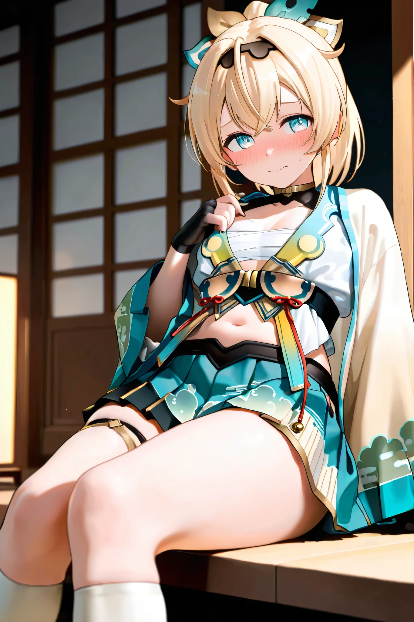 Very close、16k、masterpiece、High resolution、High resolution、Samurai、((ung elven woman))、((Beautiful white skin))、((Beautiful blonde))、((Small breasts))、Bunhead、short hair、((Beautiful Blue Eyes))、((Pointed Ears))、Smiling Kindly、smile、blush、Pink Lip Gloss、Shiny skin、((Samuraiの鎧を着る))、((Japanese Castle))、Courting me、((Put your hand on your cheek))