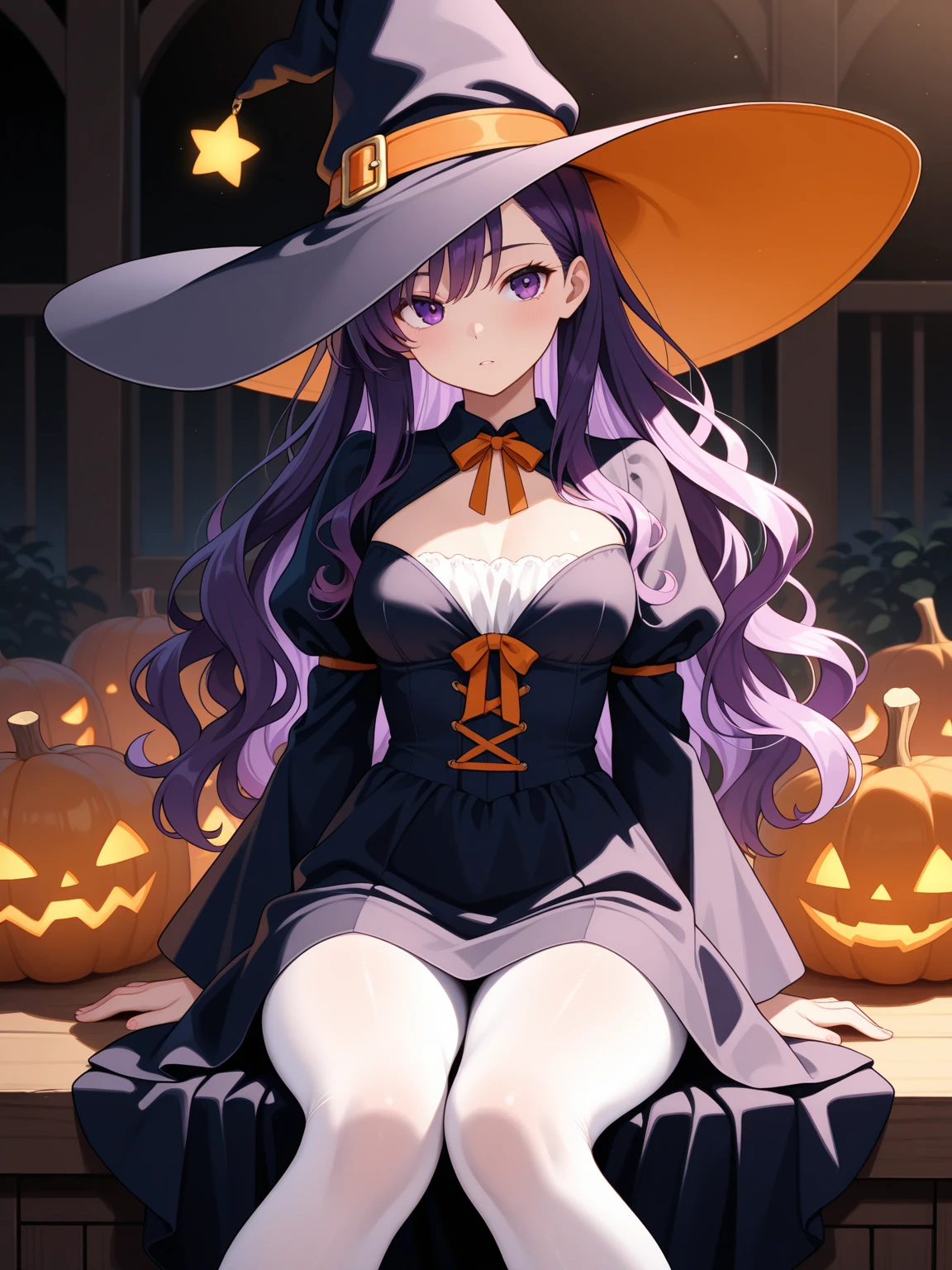 renne, (halloween) costume witch, at night, holding a big golden black scythe, big red moon in the background, nasty smile, masterpiece, best quality, extremely detailed CG unity 8k wallpaper