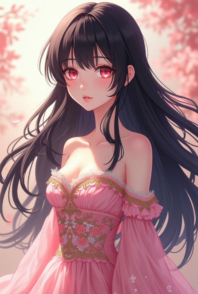 A 20 year old long pink mix black (gradations) haired woman, curly hair style, pink jewelry sharp eyes, with dragon horns on top of her head and pink roses flowers against her horns. look graceful yet intimidating. wearing a fancy dress with beautiful motifs which make her looks like a mommy. make it with pink flower background and in anime style